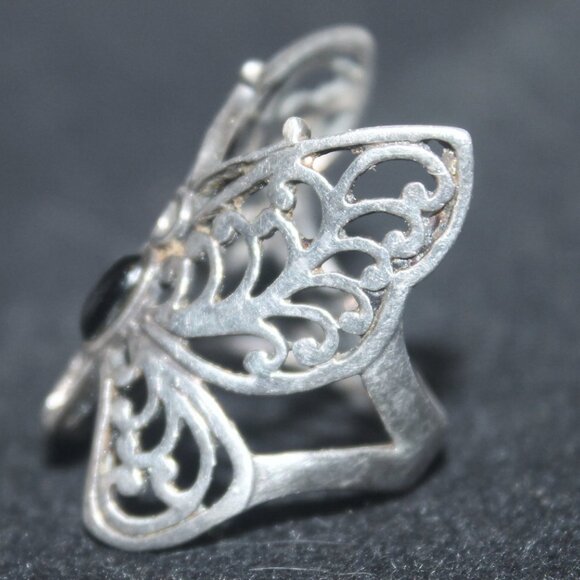 Unique 925 Sterling Butterfly & Genuine Onyx Boho Gypsy Statement Ring - Picture 2 of 4